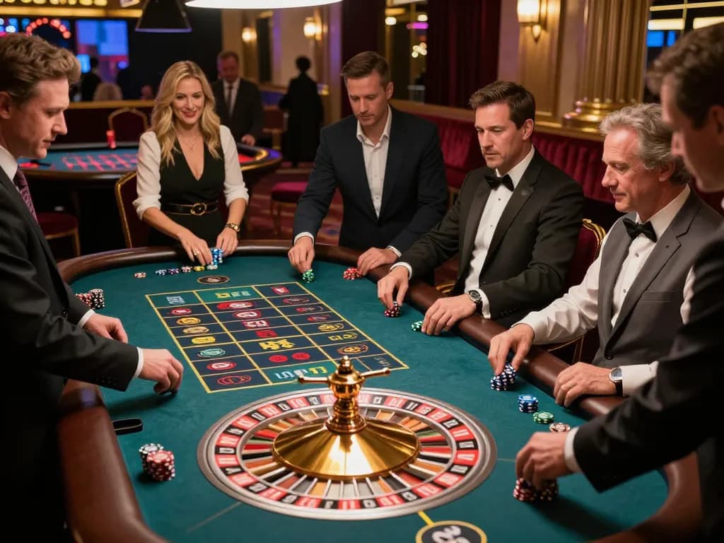 Engaged players at HB88 roulette table experience thrilling gameplay in an upscale casino setting