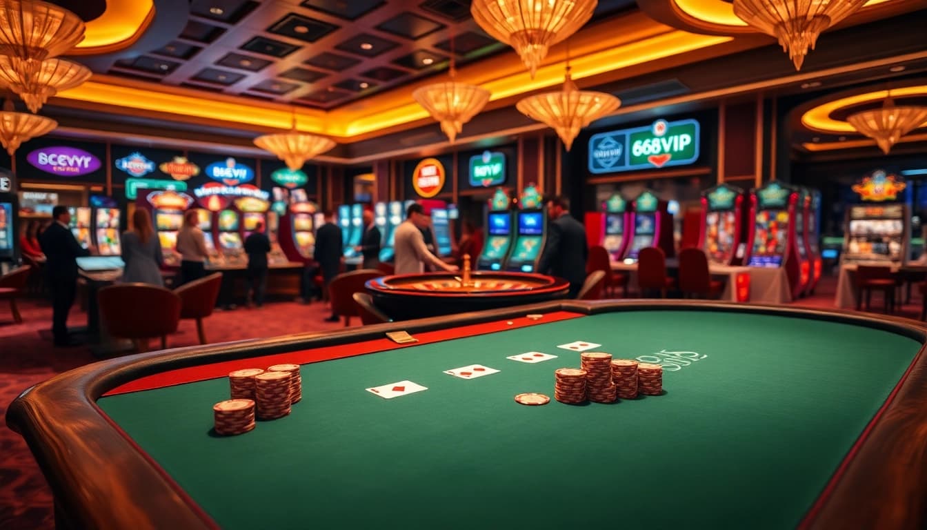 Experience the thrill of gaming with 68VIP at a modern casino featuring poker tables and slot machines.