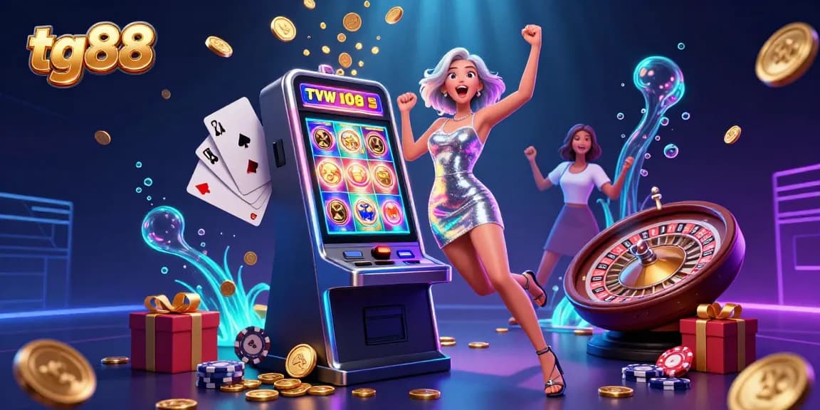 Spin and win at tg88 Casino with an exciting jackpot illustration and vibrant casino elements.