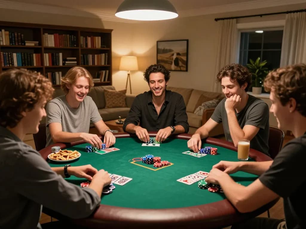 Friends enjoying a poker game at home, capturing the fun and strategy of 789WIN gaming.