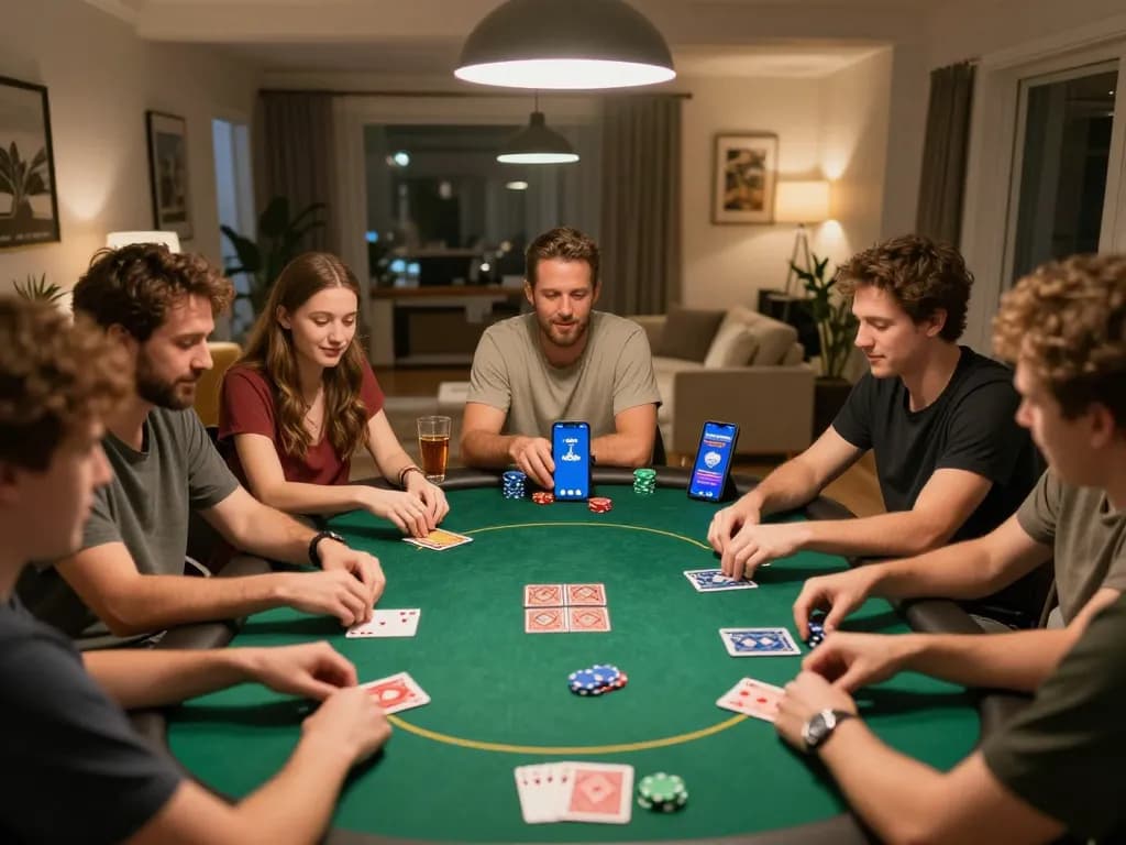 Twin68 players enjoying an engaging poker game night at home, showcasing excitement and strategy