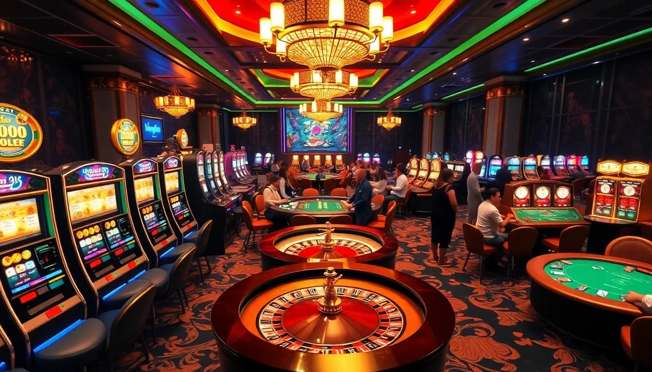 Nohu90 casino scene showcasing exciting gameplay at slot machines and poker tables.
