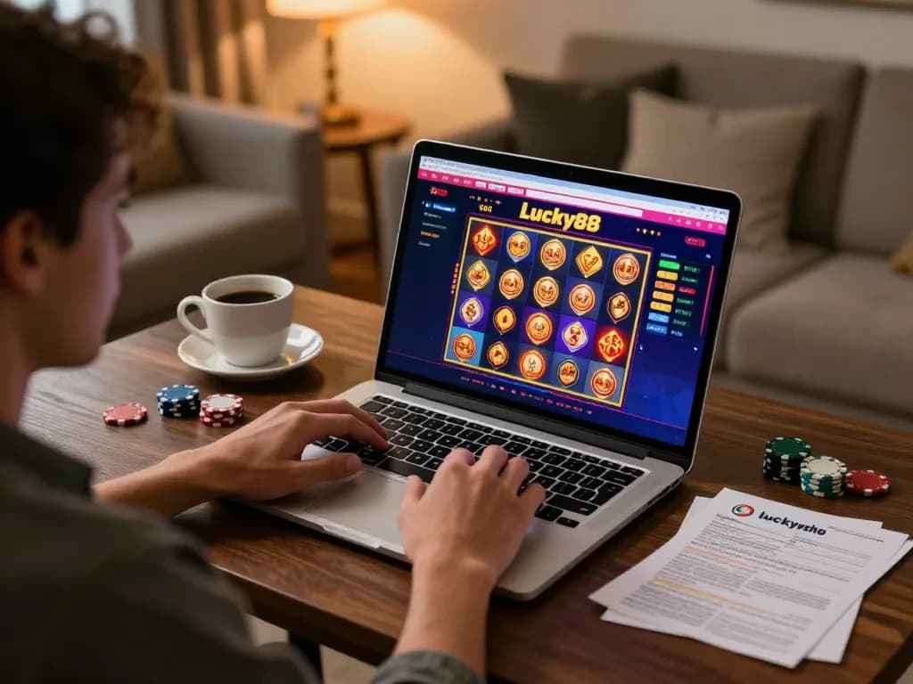 Player engaging with lucky88 casino games on a laptop, highlighting vibrant gaming experience.