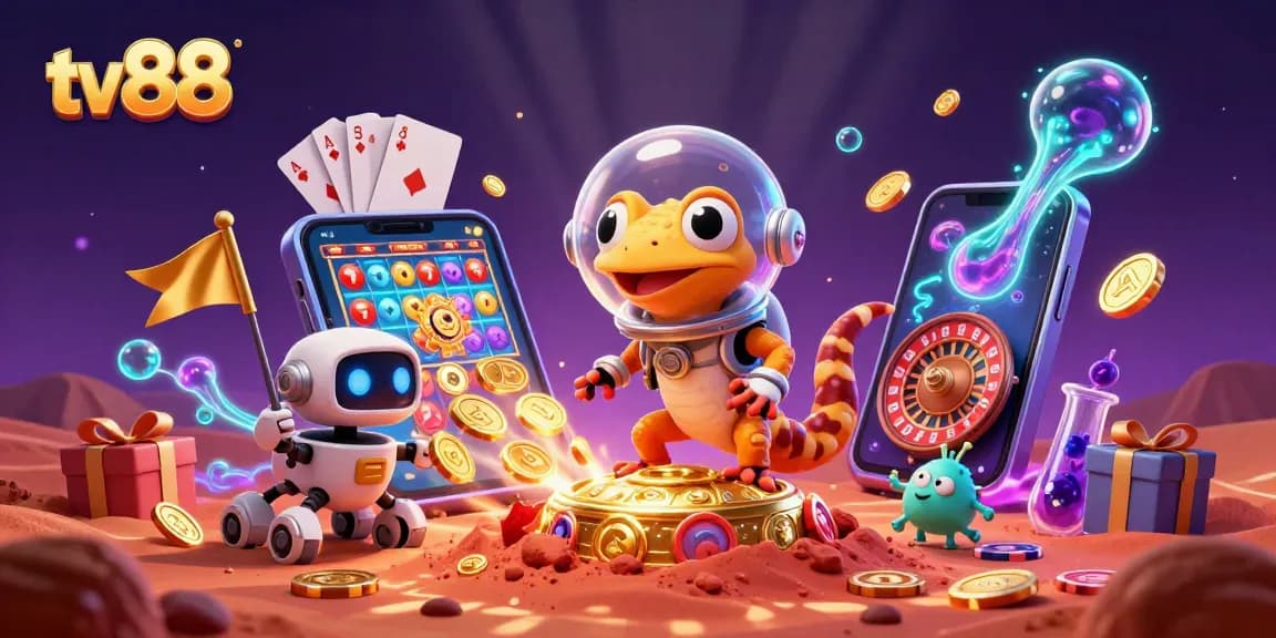 Experience the thrills of tv88 as a gecko explores a golden casino filled with treasures.