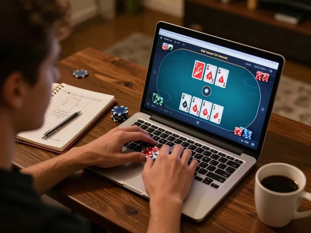 Engaged player enjoying a 98win online poker game in a cozy room with strategic notes.