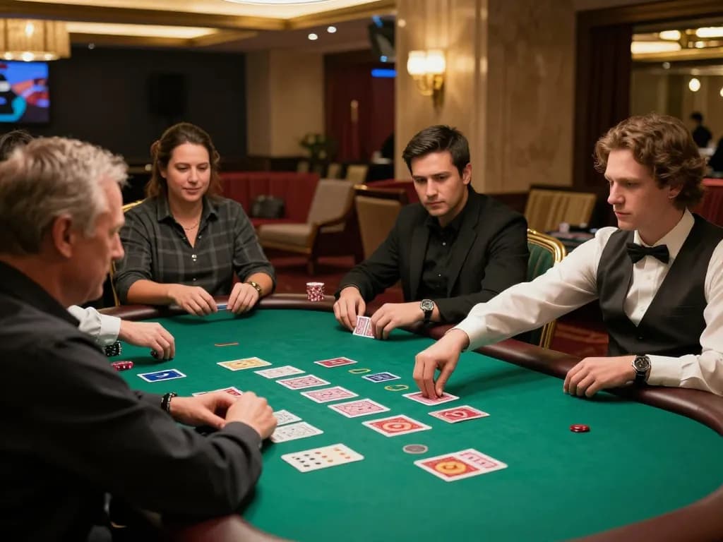 Players at a 7M blackjack table making strategic bets under warm ambient lighting.