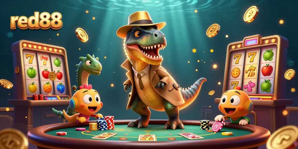 Experience excitement at red88 with a velociraptor card counter and casino elements in a vibrant 3D scene.