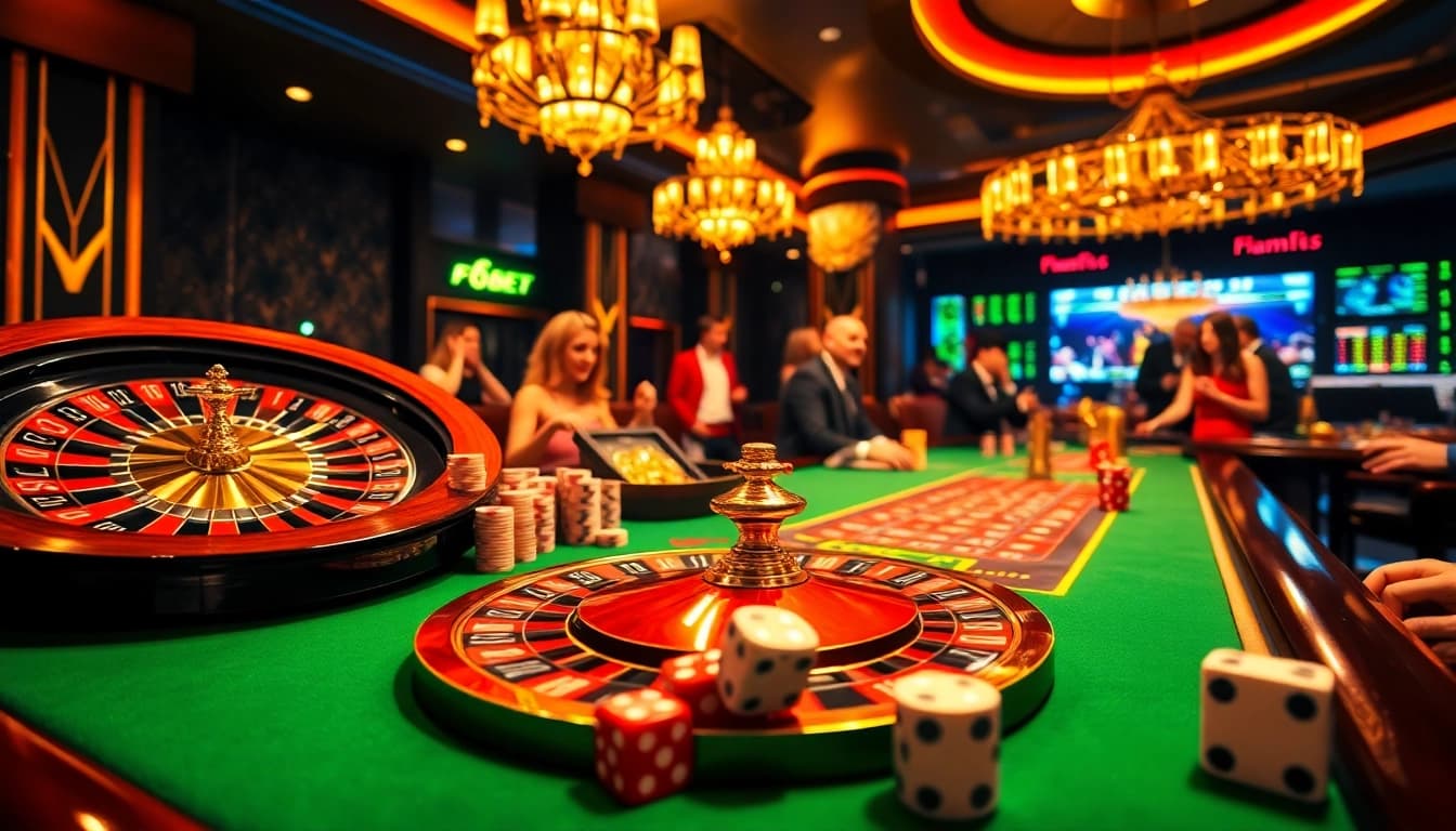 High-energy gambling scene showcasing F8BET's exciting casino experience with vibrant tables and players.