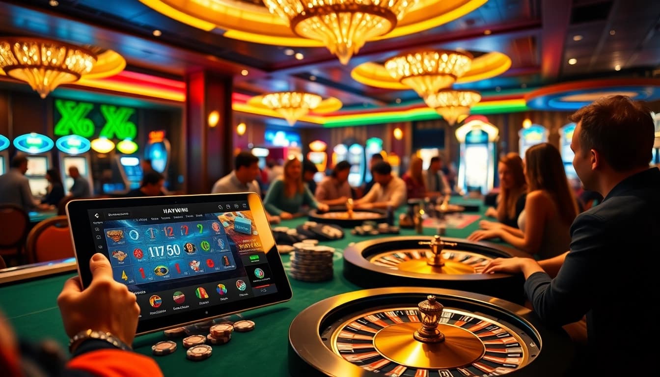 Engage with Haywin's exciting casino atmosphere featuring vibrant gaming action and luxurious elements.