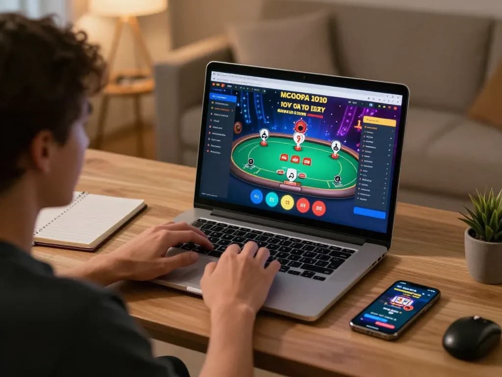 Engaged player at home using 23winn online casino interface for strategic poker gameplay