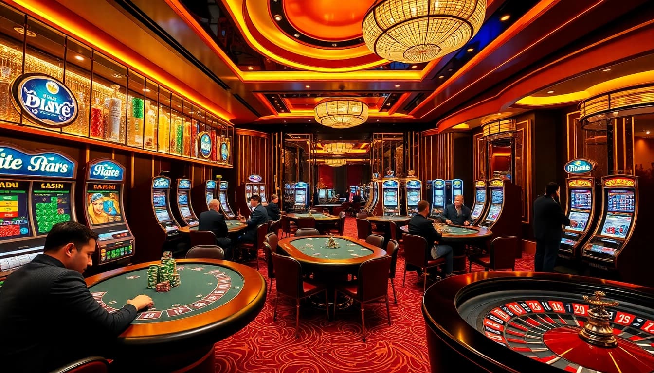 Engage in the thrilling HM88 casino experience with vibrant poker tables and slot machines.