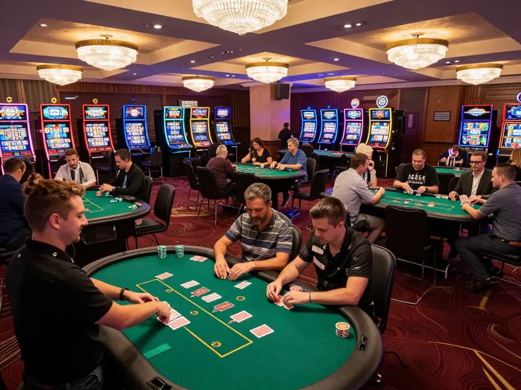 Players enjoying game bài đổi thưởng at a vibrant casino, engaging in a lively poker match.