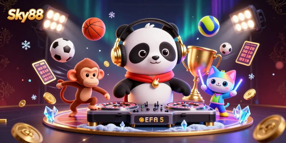 Sky88 captivates with a vibrant casino scene featuring dynamic characters and flying sports elements.