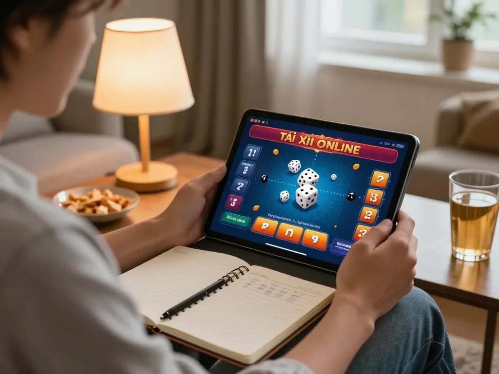 Engaging in Tài Xỉu Online gameplay, a player enjoys a cozy home atmosphere with strategies in view.