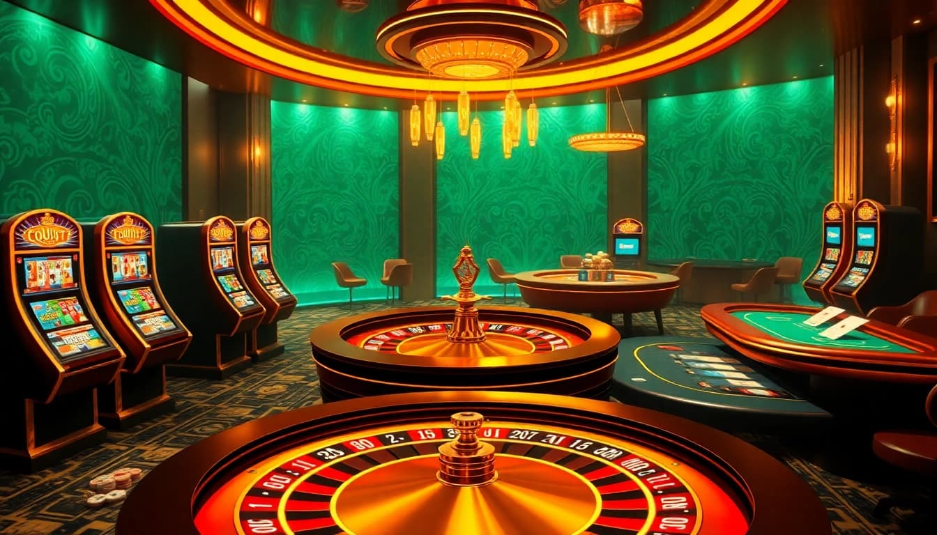 Experience a vibrant online casino scene at https://g28.wtf/, featuring a dynamic roulette wheel and glowing slot machines.