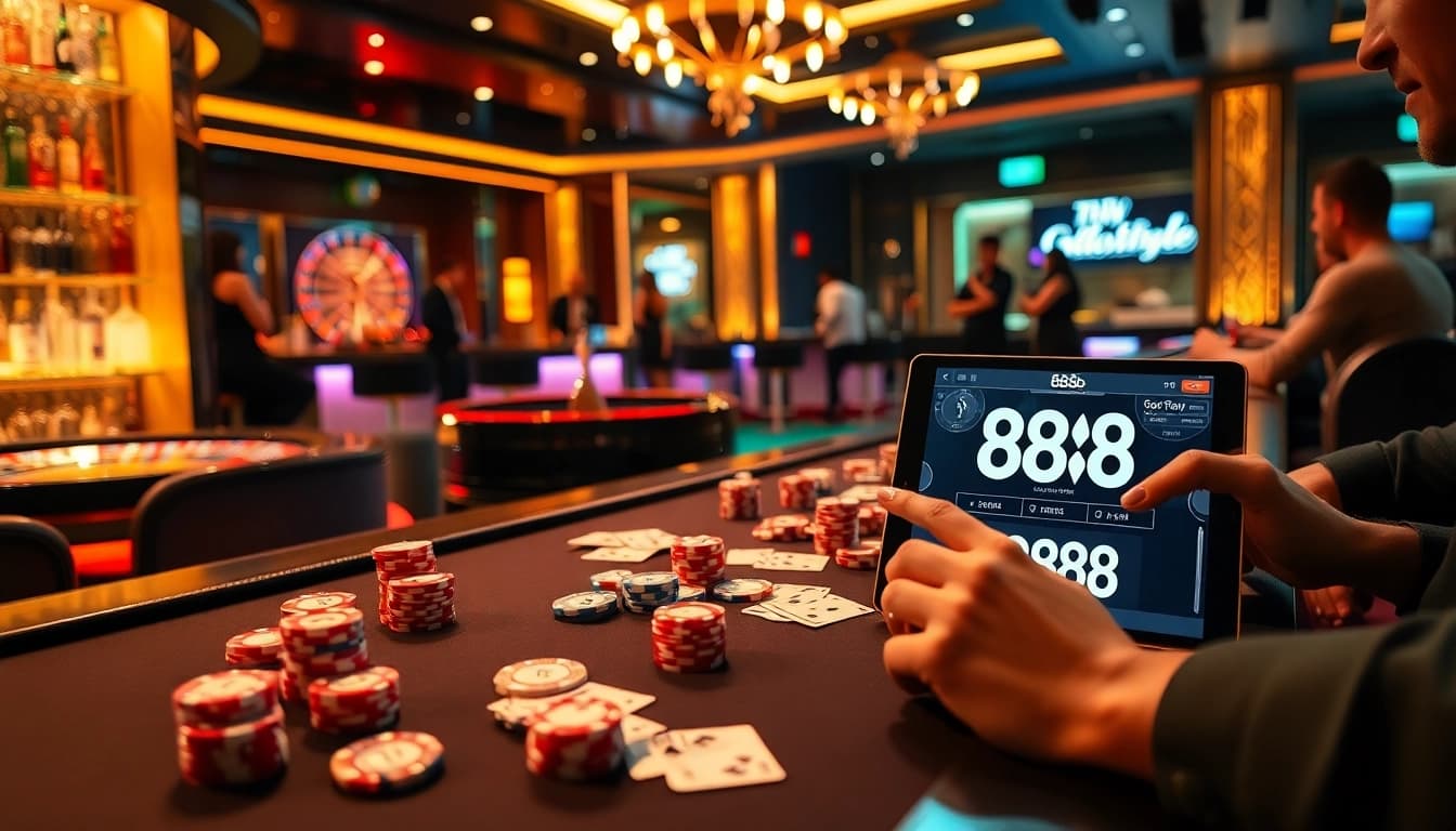 Engaging poker players at a luxurious table in a vibrant casino atmosphere showcasing 888b.