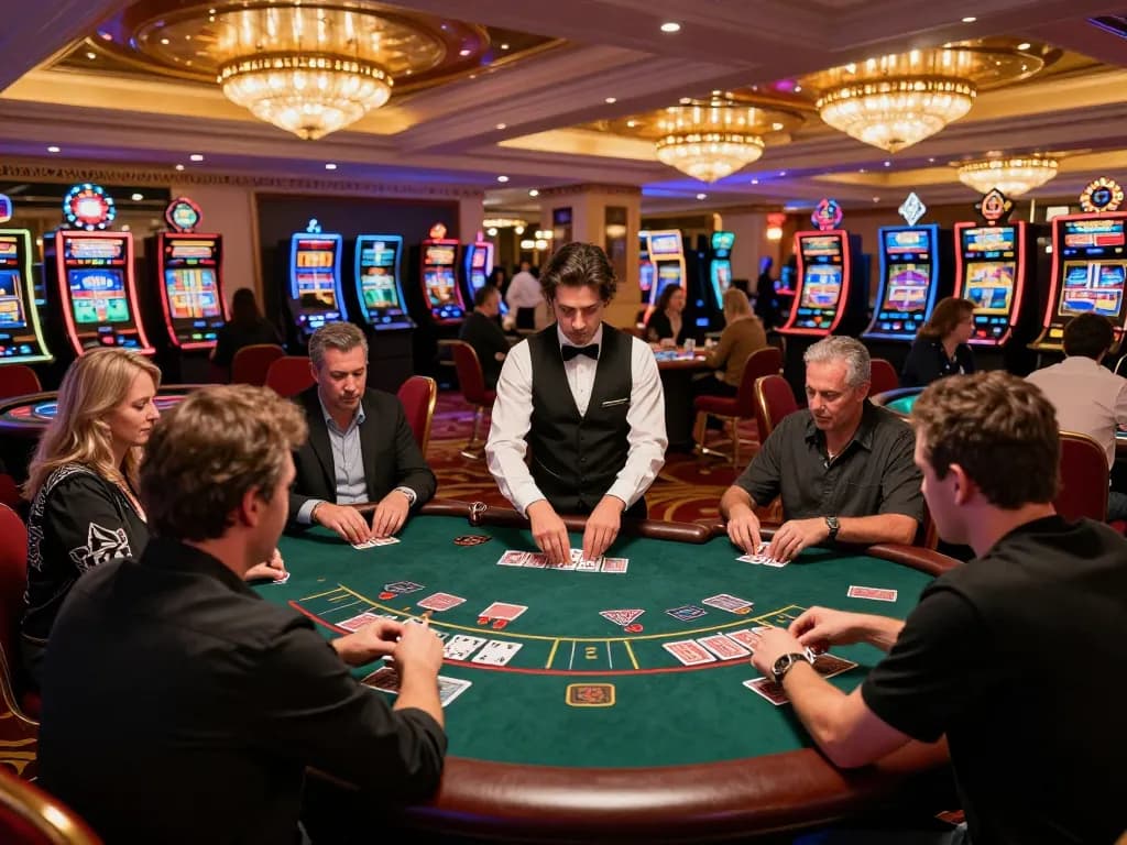 The excitement of blackjack gaming at https://cak-t.com/ with players focused on their cards under warm casino lighting.