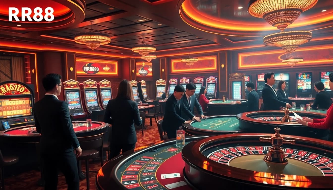 Players enjoying the thrilling games at RR88 casino, showcasing vibrant slot machines and poker tables.