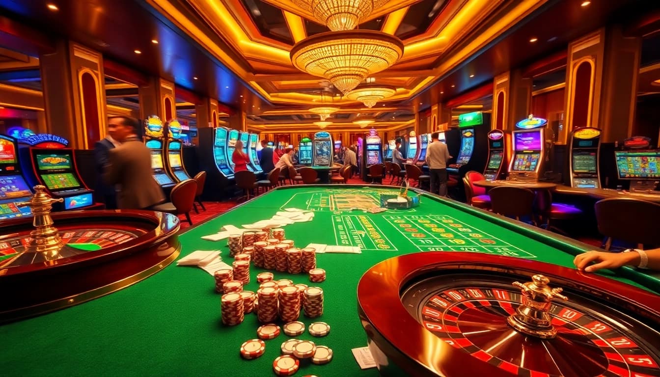 Say88 players enjoying a thrilling casino experience with vibrant gaming tables and engaging slot machines.
