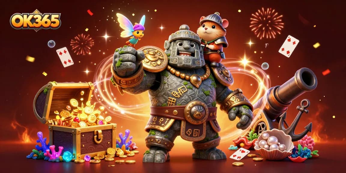 Experience immersive gaming with OK365 featuring animated characters and vibrant casino elements.