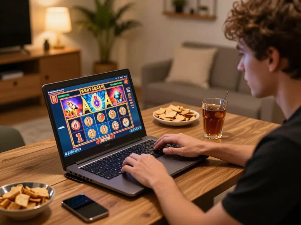 Player experiencing the thrill of 123b online slots on a laptop in a cozy home setting