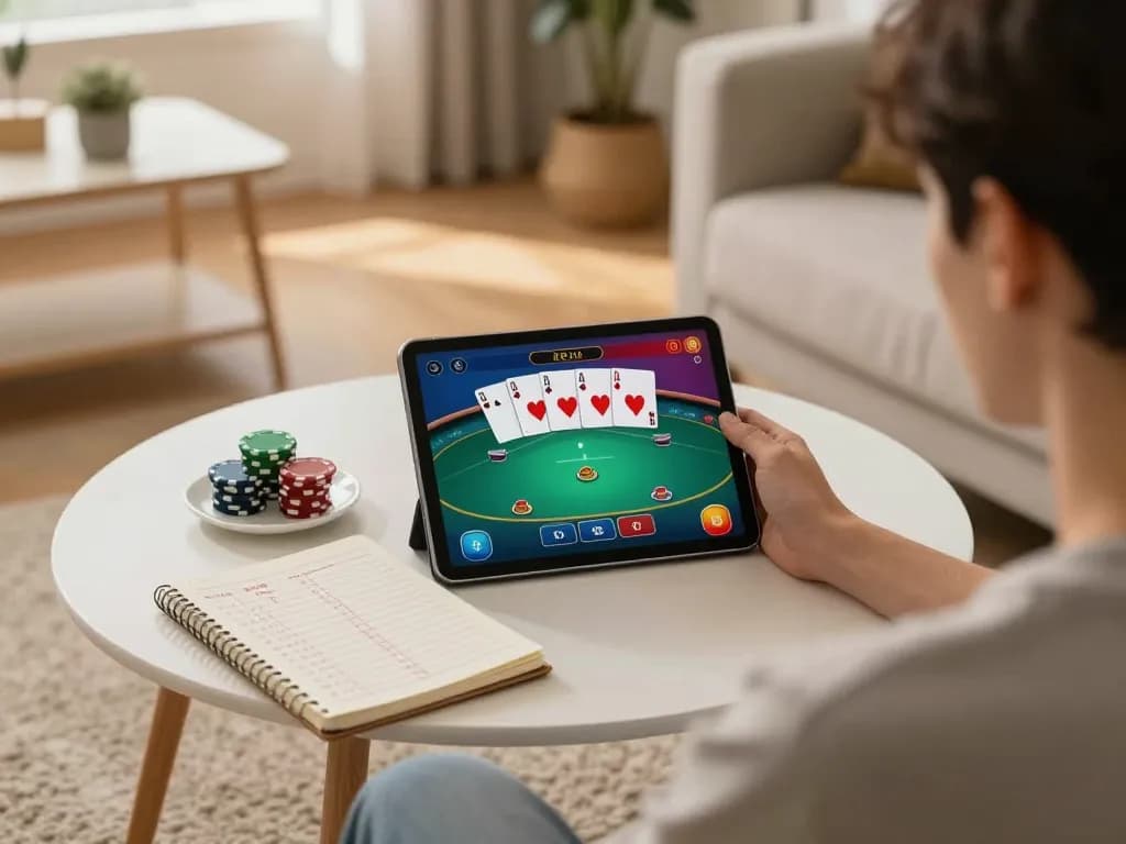 Engaging online poker gameplay on a tablet, showcasing xin88 platform's vibrant interface in a cozy home setting.