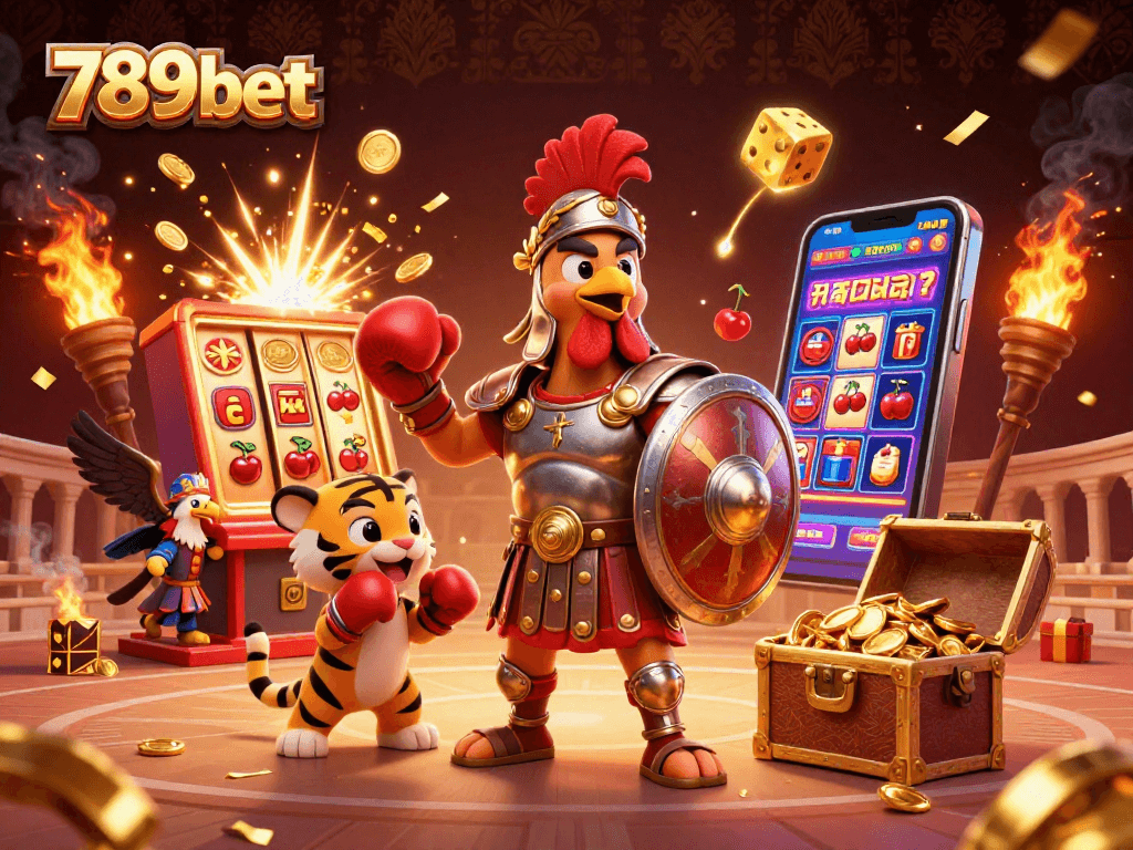 Spin to win at 789bet with a 3D scene of a rooster warrior and casino action!