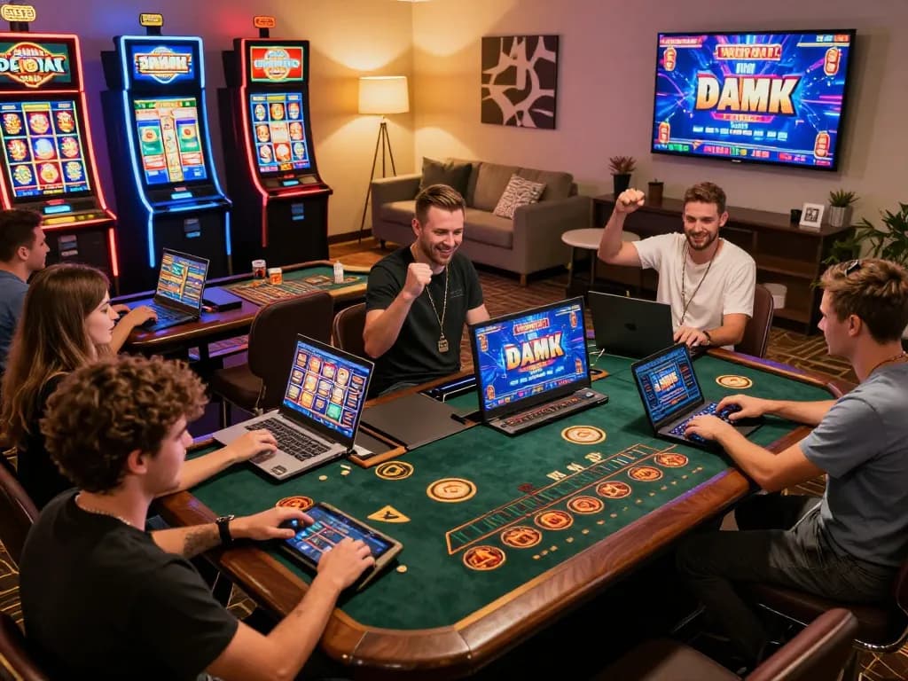 okfun players celebrating wins during online gaming session, with vibrant casino graphics and lively atmosphere.
