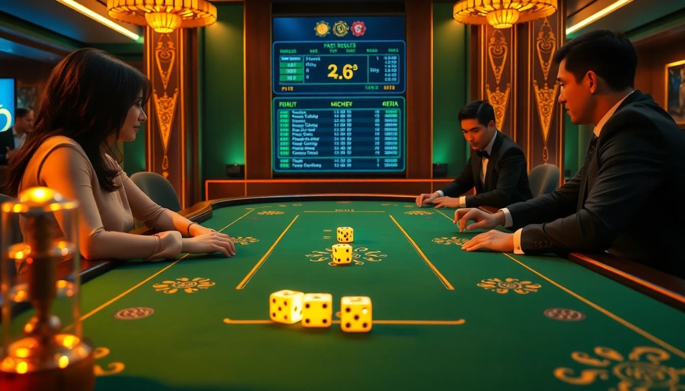 Experience the excitement of Tài xỉu MD5 with a vibrant casino table showcasing illuminated dice and elegant players.