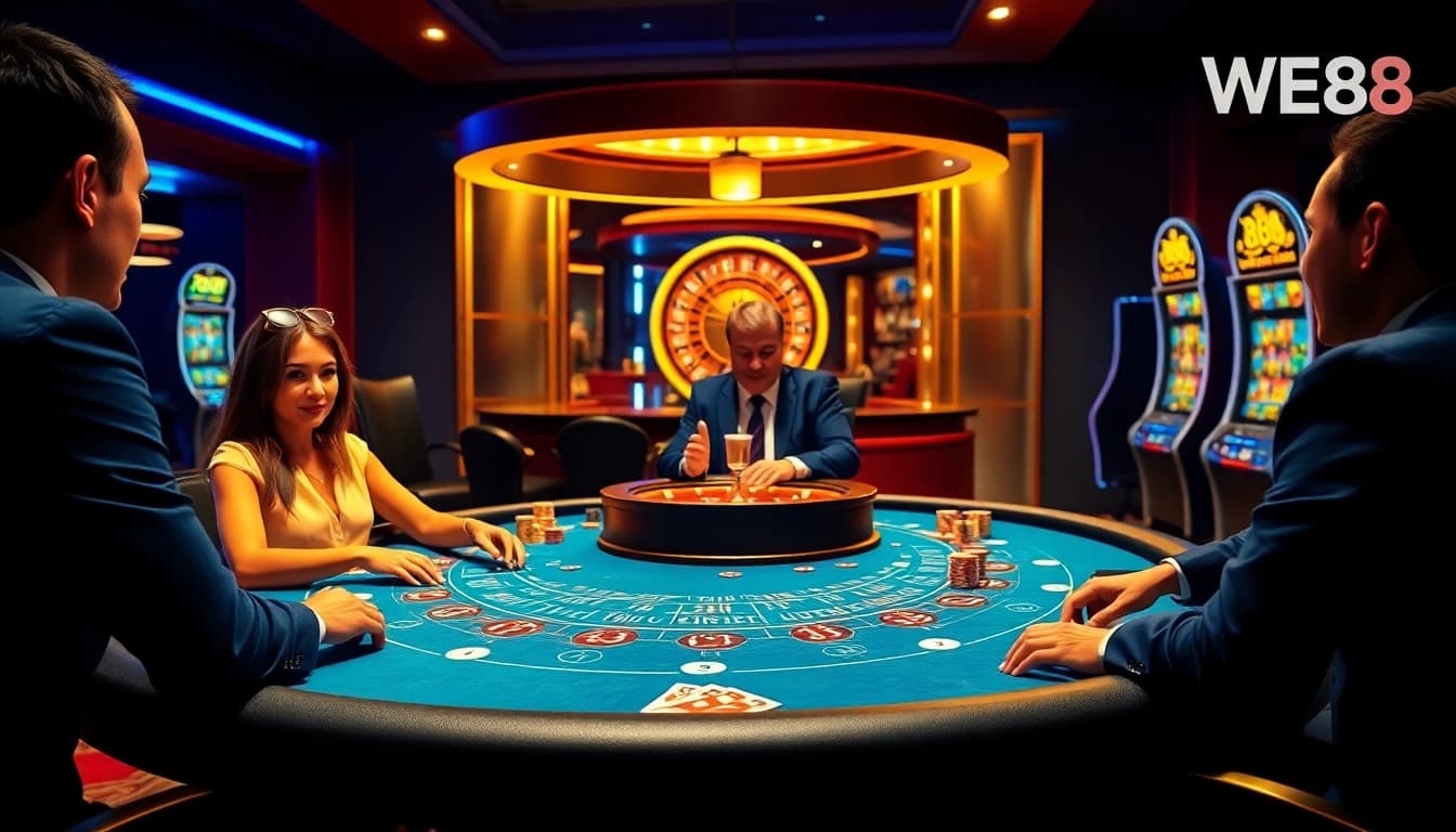 Players engaging at a WE88 blackjack table surrounded by vibrant casino elements, capturing excitement and professionalism.