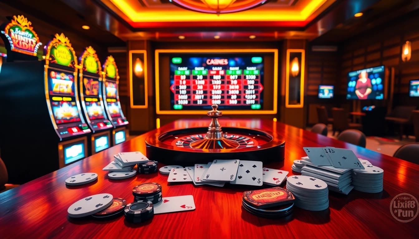 A lively gambling scene showcasing the vibrant offerings of https://lixi88.run/, featuring slot machines and a roulette wheel.