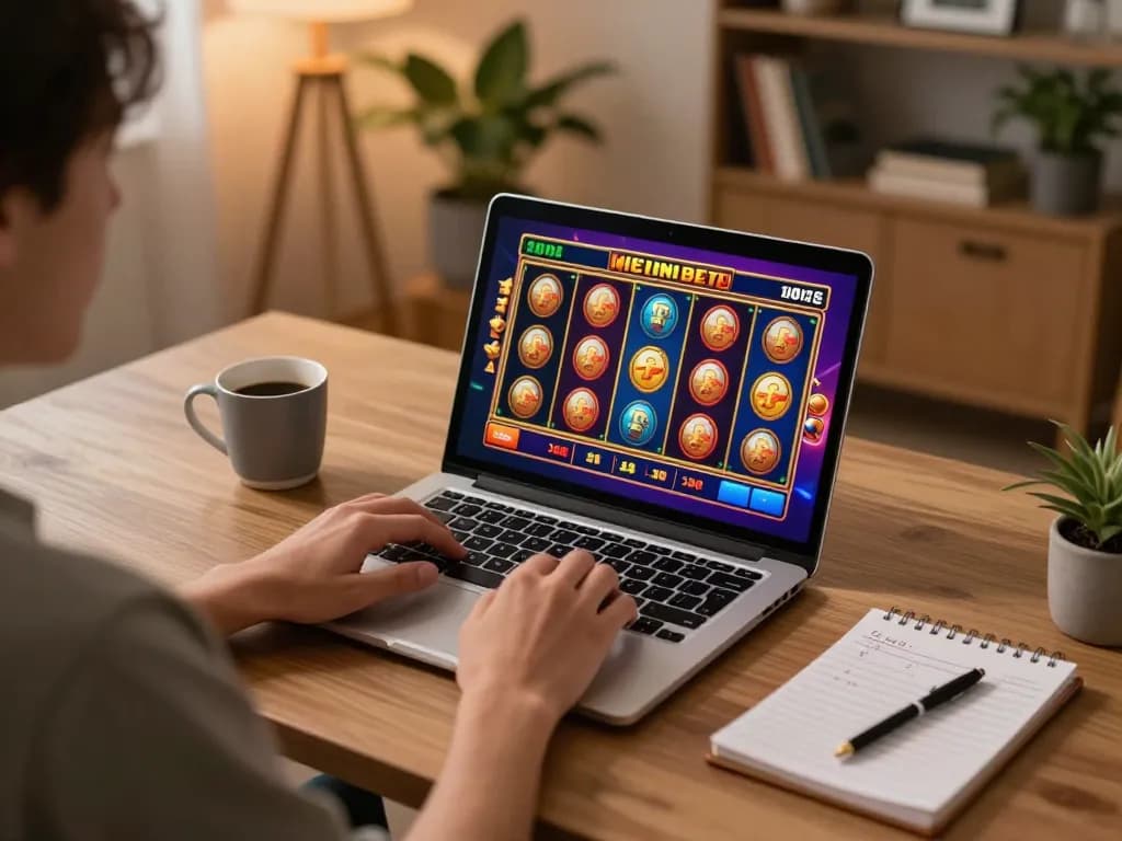 Engaged player using nhà cái mm88 for an online slot game at home, cozy setting with warm lighting.