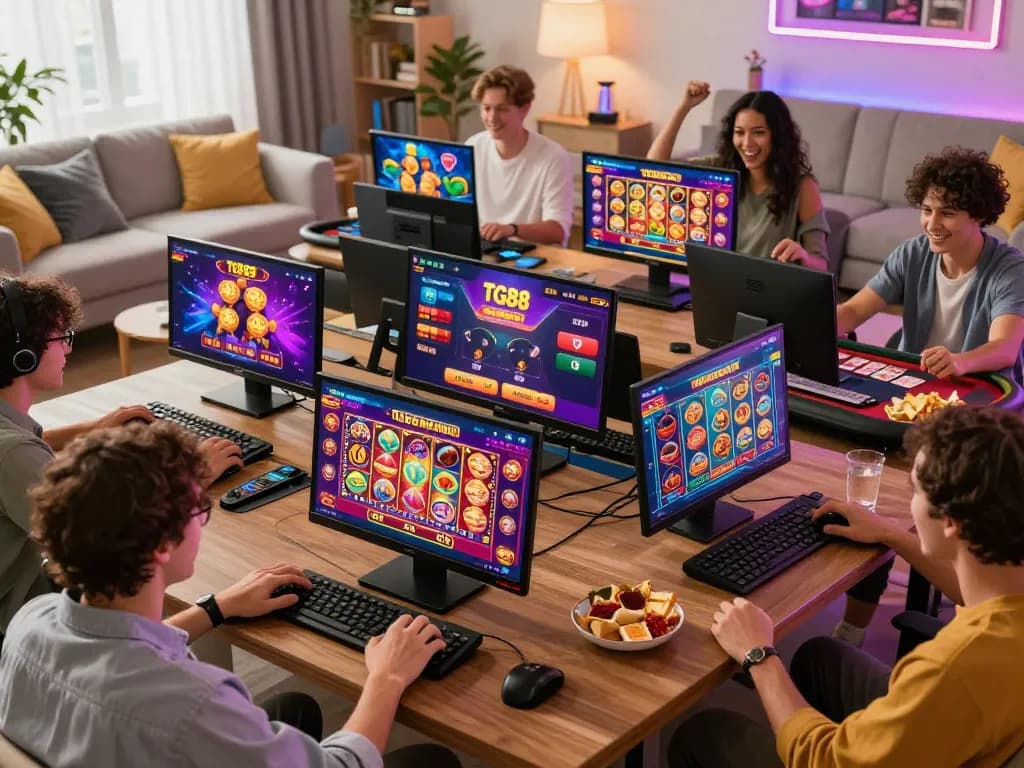 Exciting gaming scene at TG88 with diverse players enjoying casino games online.