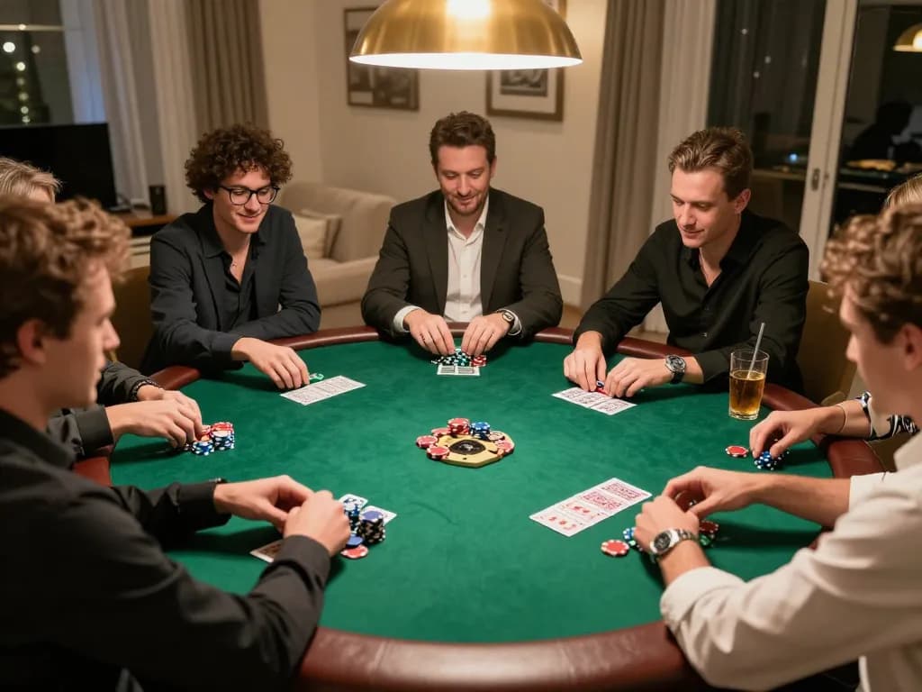 Players engaged in a lively poker game at home showcasing BJ88 chips and strategic moves.