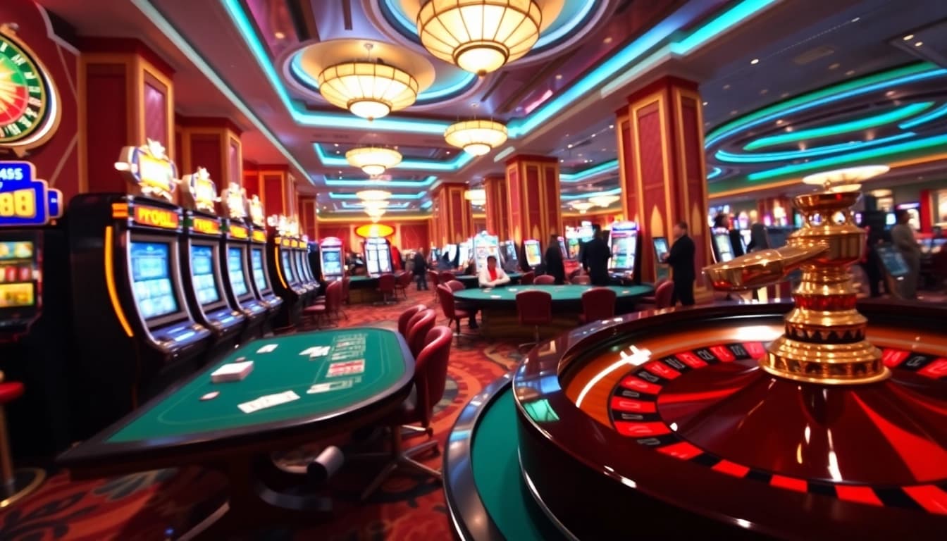 Exciting casino scene with players engaging in various games at 789club, showcasing luxury and thrill.