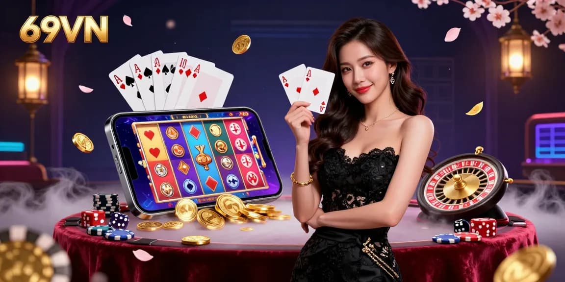 Engage with 69VN's dynamic gaming experience featuring a glamorous Asian dealer amid a flurry of poker chips and slot games.