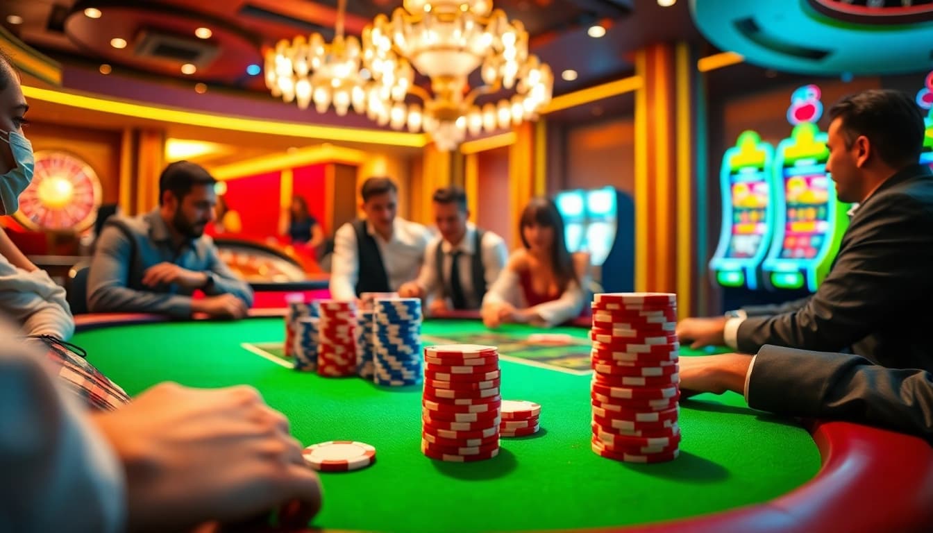 Players engaging in a poker game at a luxury casino featuring XX88 chips on the table.
