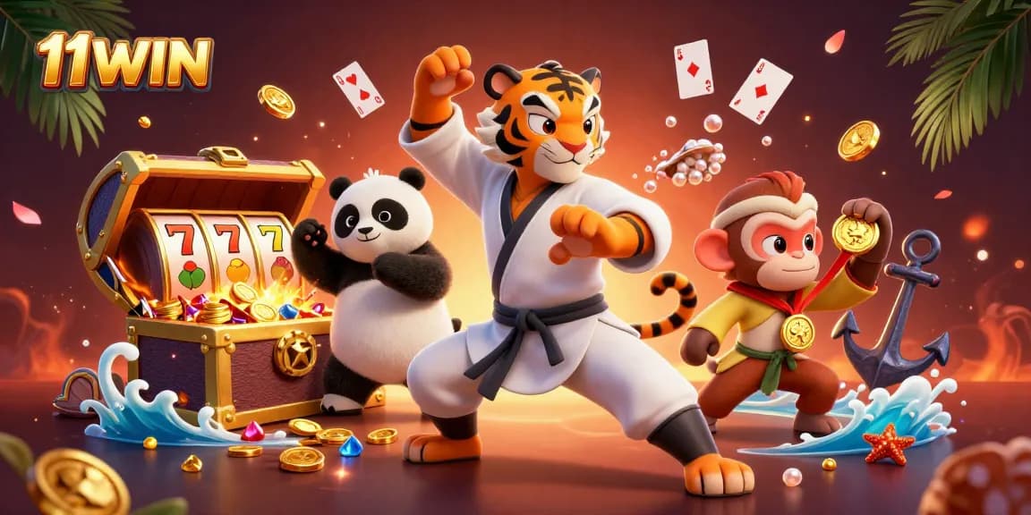 Join the adventure in 11WIN casino as the kung fu tiger guardian watches over slot games and treasures.