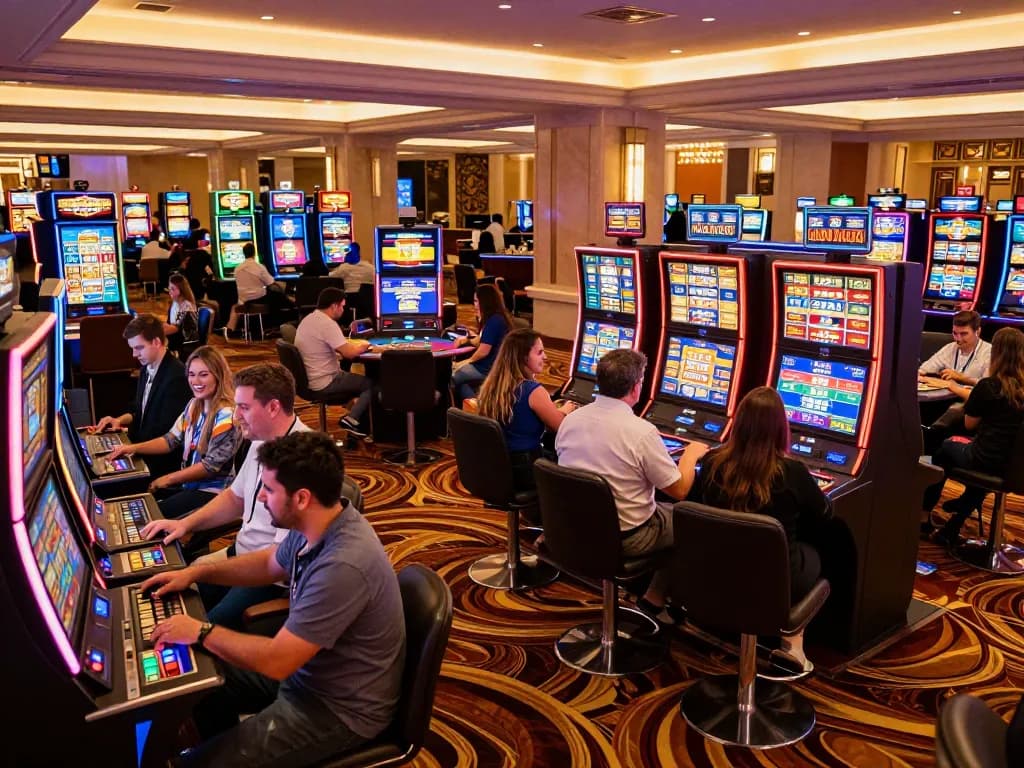 C168 players engaged at vibrant slot machines in a luxurious casino atmosphere.