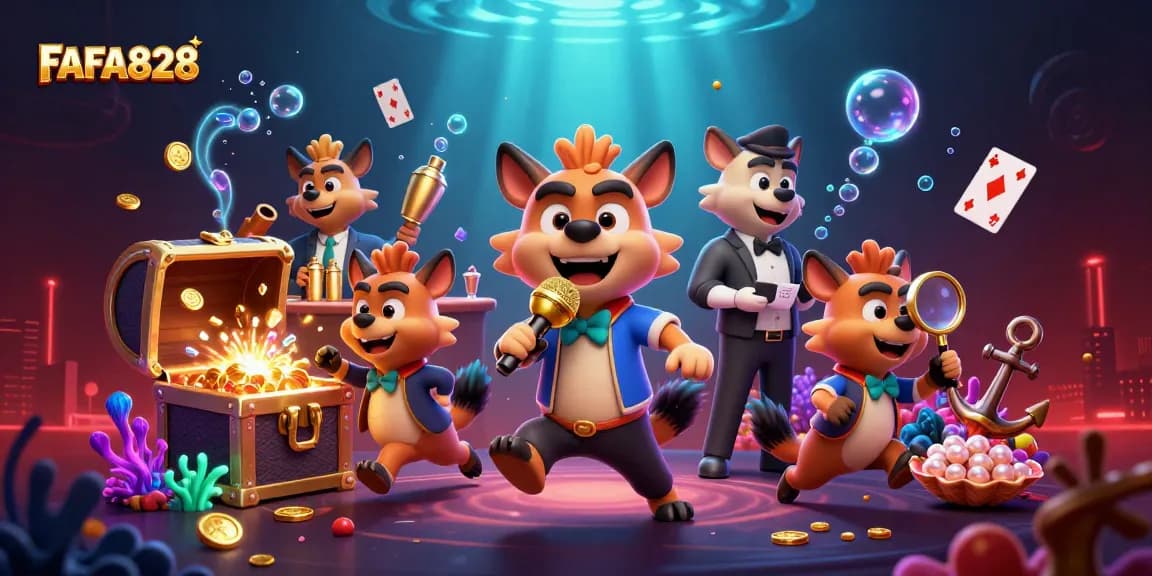 FAFA828 hyena-themed casino illustration showcasing vibrant characters in a lively gaming environment.
