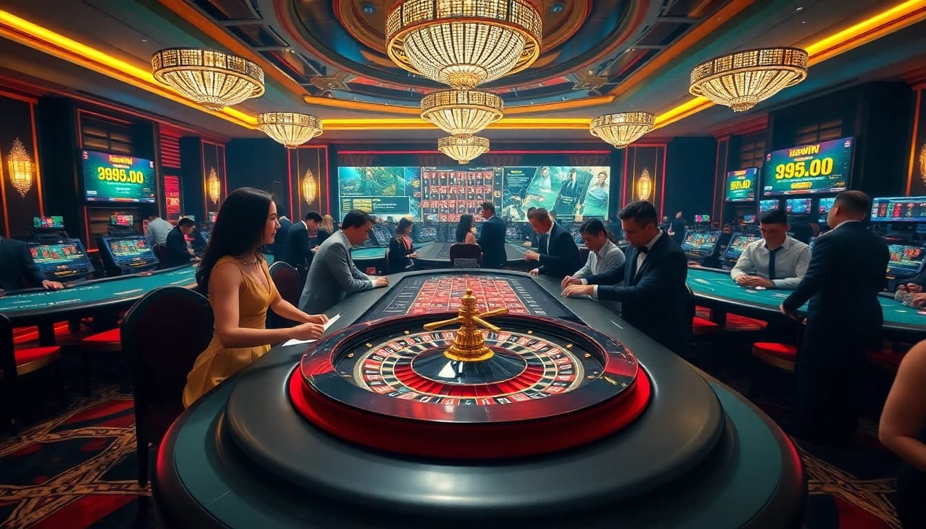 Engaging gaming atmosphere at 98win casino featuring roulette, poker chips, and blackjack strategy.