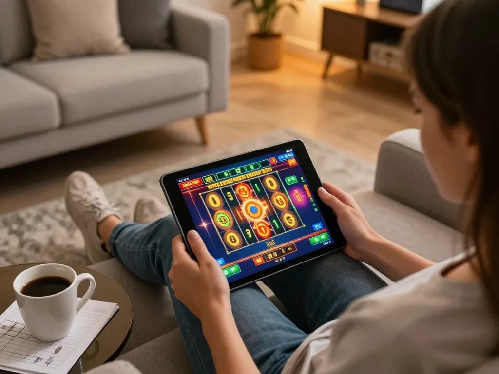 Player enjoying online slot games on go8 platform in a cozy living room setting.