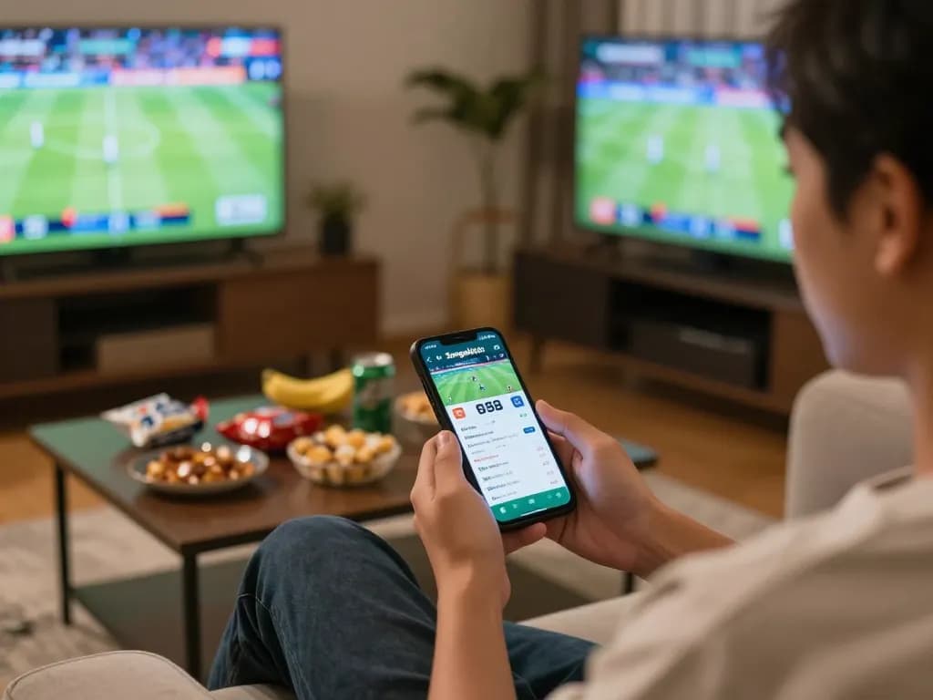 Engaging in sports betting using sungaitoto app on smartphone during a lively game night atmosphere