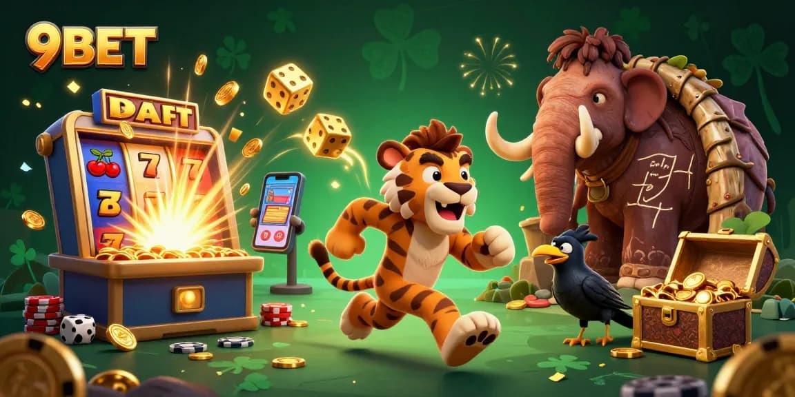 Experience thrilling gaming with 9BET as the caveman and sabertooth tiger run a vibrant prehistoric casino.