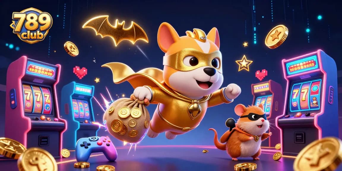 789 club showcases a superhero dog and hamster amid vibrant casino elements, symbolizing fun gaming.