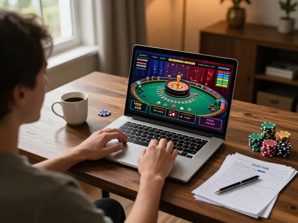 KUBET player engaging in an online roulette game at home, showcasing a cozy gambling environment with strategy notes.