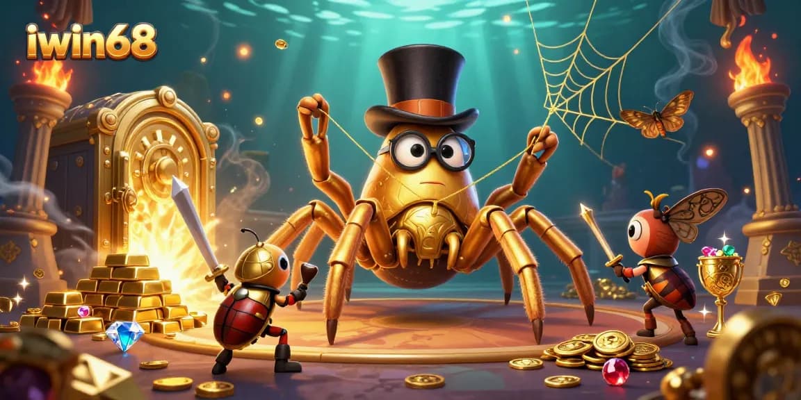 Engage in thrilling gameplay at iwin68 with a vibrant casino scene depicting a golden tarantula weaving fortunes.