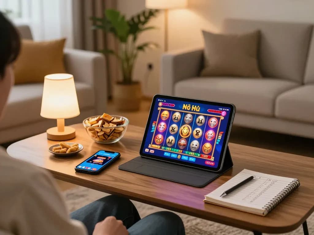 Nổ hũ gameplay on tablet in cozy home setting, showcasing interactive elements and strategic elements.