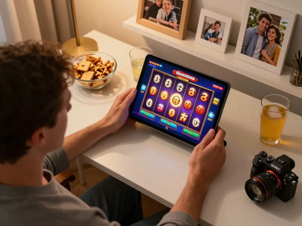 Player engaging with vibrant tg8 slot game interface on a tablet at a cozy home setup.