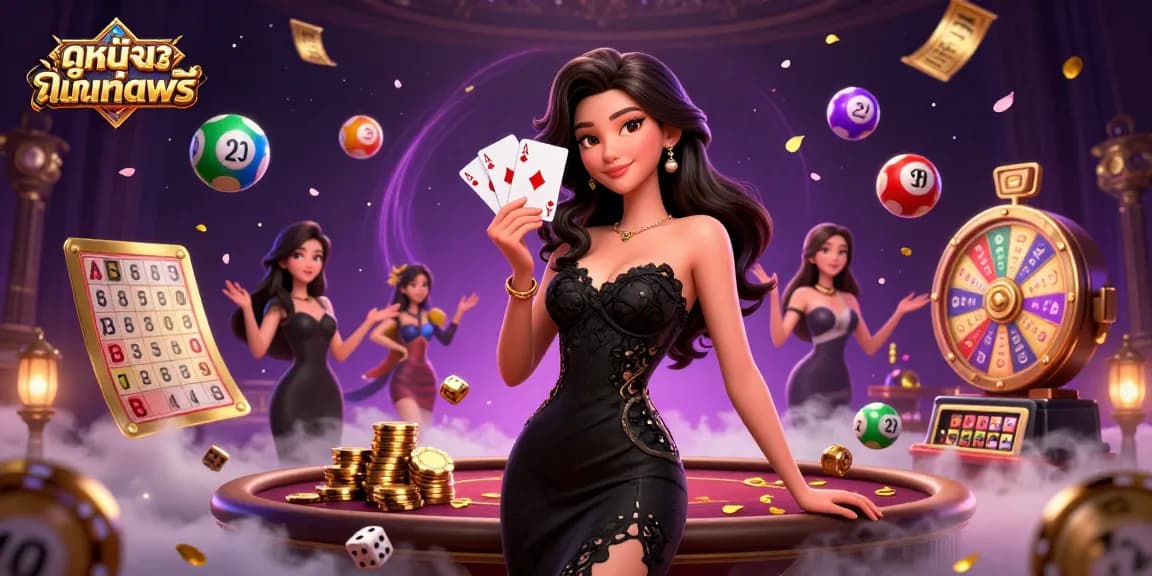 Experience ดูหนังออนไลน์ฟรี with a stunning 3D casino scene featuring elegant characters and vibrant game elements.